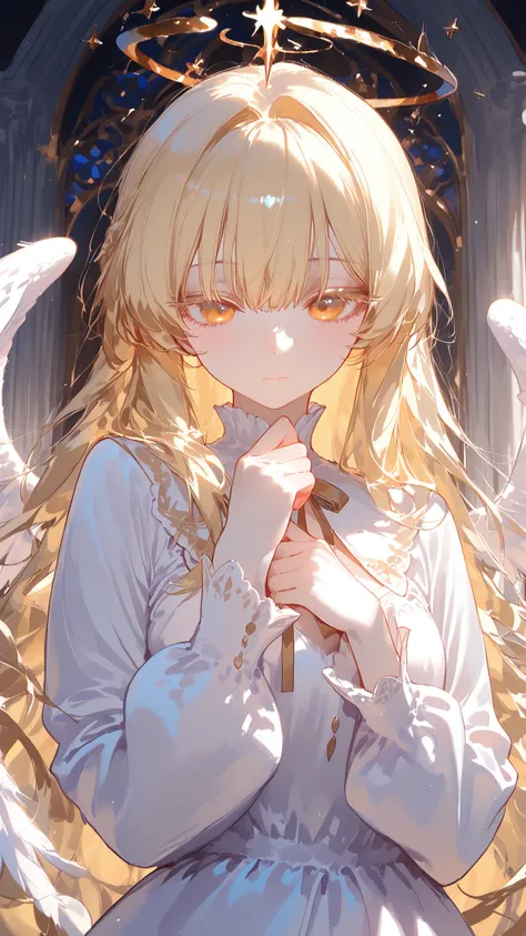 super detail, masterpiece, best quality, high resolution, beautiful, Anime girl female with long flowing blonde hair and golden eyes, Pale skin with matching pale eyelashes(white), a white one-piece dress (very long sleeves), Head_ mini_wings, Low_Large_wi...