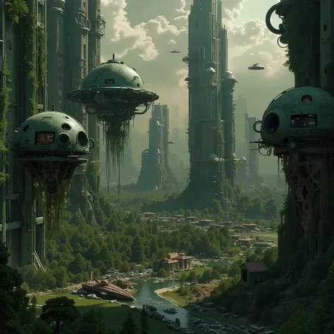 A futuristic, yet abandoned, post-apocalyptic metropolis, with vegetation taking over part of the city.
Some abandoned robots, some vehicles, abandoned spaceships