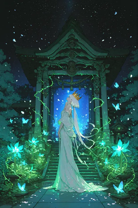 A futuristic shrine standing in a virtual garden,Wearing a dress woven from glowing vines and transparent petals,wearing a biomechanical crown,with digital runes floating around her face,Fluorescent butterflies and petals,The background is a dream space in...