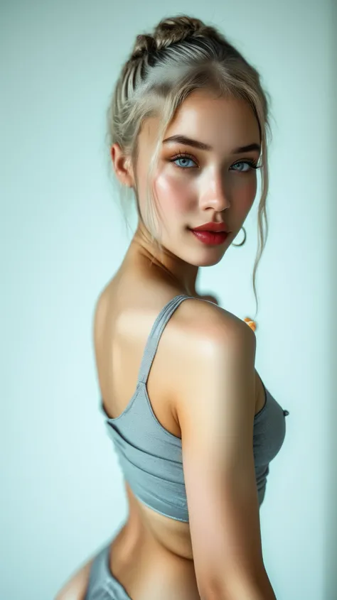 A young woman with a light blonde complexion, approximately 20 years old, poses against a plain, light gray background.  She has long, light blonde dreadlocks styled in a high bun. Her makeup is natural, with defined eyebrows, subtle eyeshadow, and nude li...