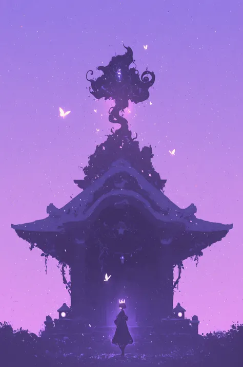 A futuristic shrine standing in a virtual garden,Wearing a dress woven from glowing vines and transparent petals,wearing a biomechanical crown,with digital runes floating around her face,Fluorescent butterflies and petals,The background is a dream space in...