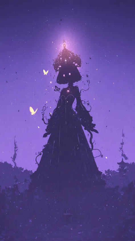 A futuristic shrine standing in a virtual garden,Wearing a dress woven from glowing vines and transparent petals,wearing a biomechanical crown,with digital runes floating around her face,Fluorescent butterflies and petals,The background is a dream space in...