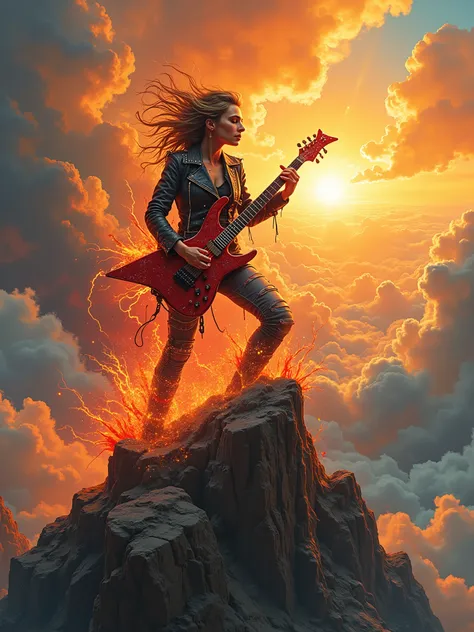 Concept art of a punk rock female musician playing a red electric guitar on top of a mountain, surrounded by clouds and rays of light, A rebellious guitar player in a studded leather jacket and ripped jeans stands on top of a giant mountain towering above ...