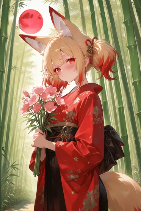 cute,(masterpiece:1.2, top quality), (beautiful detailed eyes: 1.2), ((1 Beautiful Girl)),  (beautiful background:1.2), (very detailed CG, Super Detailed),(VERY DETAILED AND BEAUTIFUL:1.1), (Perfect Details:1.1),blond twin tails and red hair Girl with fox ears on a pin, wearing a white and red kimono, holding a bouquet of small pink wildflowers in the hand, holding a bouquet of flowers in the chest. she is blushing deeply, fox ears with slightly droopy tips, The gaze is down, in the path leading straight through a bamboo forest with lots of bamboo, leaning on the side of the road, soft,  warm, background with a round red moon in the center of the bamboo grove, 
