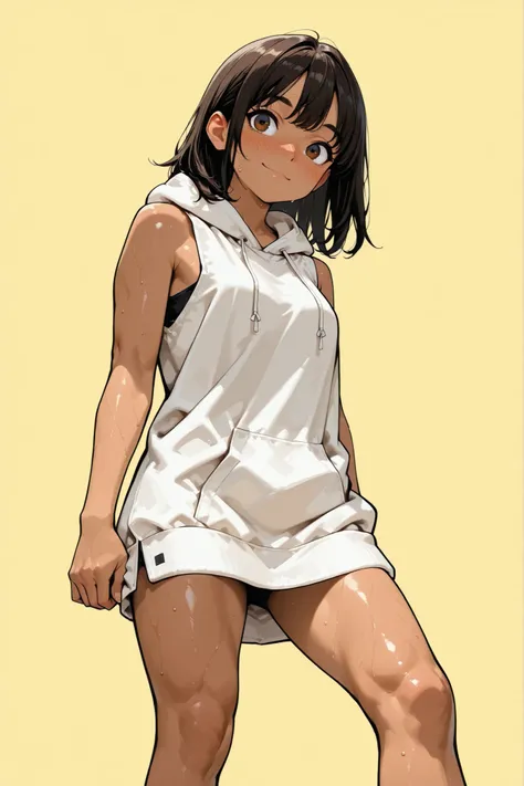 Super Detailed,absolute resolution, (tanned skin:0.5),portrait,((pinup)),standing,legs apart,a-pose,((from below)),(sleeveless Knee-length white long hoodie:1.5),detailed and beautiful face and eyes,dark brown big eyes,(Bulbous Nose:0.3),Japanese girl,blac...