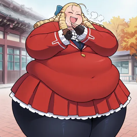 masterpiece, anime coloring, newest, Kanzuki Karin, Main Outfit, solo, smile, closed eyes, cowboy shot, grin, ^ ^, forehead, laughing, hair pulled back, ojou-sama pose, outdoors, school, full body shot, fat, chubby, obese, gigantic arms and legs, large b...