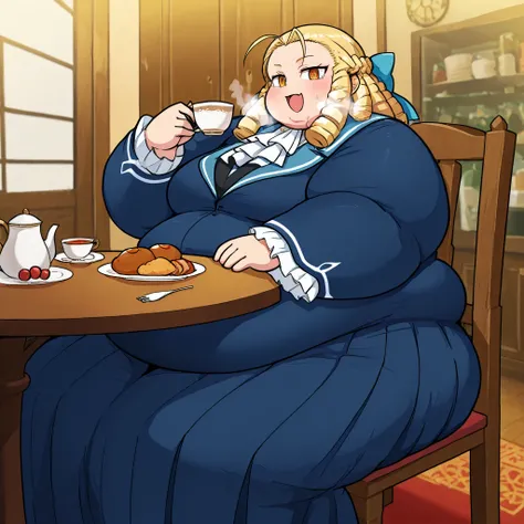 score_9, score_8_up, score_7_up, best background, detailed background, 4k, upscale, anime_source,  Kanzuki Karin, Main Outfit, solo, looking at viewer, smile, holding, closed mouth, sitting, food, cup, chair, table, holding cup, teacup, on chair, tea, hair...