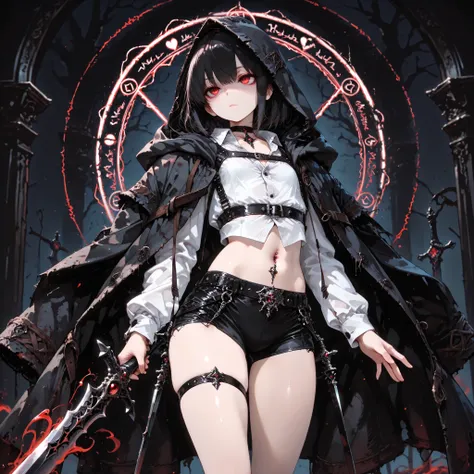((best quality)), ((masterpieces)), (detailed), perfect face, SOLO, ((((femboy)))), tomgirl, ANIME, beautiful detailed eyes, BOB hair, BOBed hair, BLACK hair, RED EYES, expressionless, hooded, Magical Eyes, dark background, ((BLACK HOODED coat draped over ...