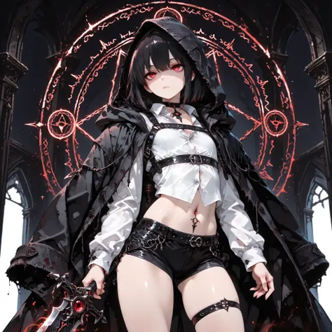 ((best quality)), ((masterpieces)), (detailed), perfect face, SOLO, ((((femboy)))), tomgirl, ANIME, beautiful detailed eyes, BOB hair, BOBed hair, BLACK hair, RED EYES, expressionless, hooded, Magical Eyes, dark background, ((BLACK HOODED coat draped over ...