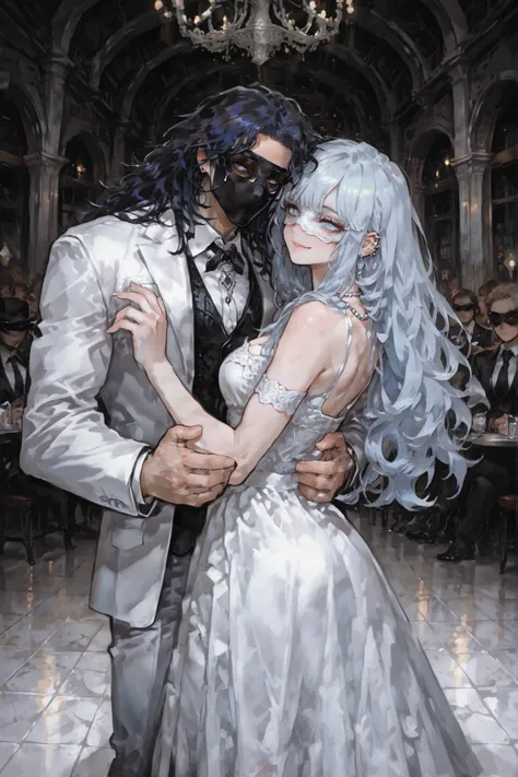 Masquerade,Beautiful ballroom, Luxurious interior,black shiny floor、bright lights lined up at the bar、
 dancing couple , upper body, ,fierce dance, hold hands, A gentle gaze , both characters are placed in the center、completely naked female position, Symme...