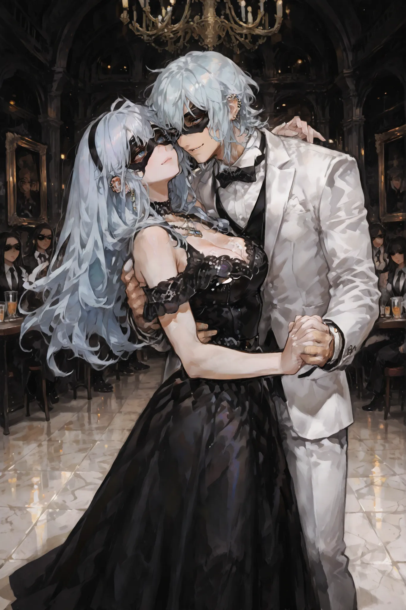 Masquerade,Beautiful ballroom, Luxurious interior,black shiny floor、bright lights lined up at the bar、
 dancing couple , upper body, ,fierce dance, hold hands, A gentle gaze , Both characters are placed in the center、completely naked female position, Symme...