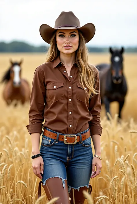 brunette cowgirl wearing a brown rough leather western shirt, blue jeans with leather chaps and a hat standing in a rye field with horses galloping in the background