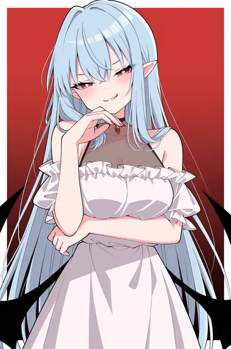 masterpiece, best quality, amazing quality, very aesthetic, safe, \(touhou\), (Remilia Scarlet), 1girl, aged up, half-closed eyes, smirk, [looking at viewer], ojou-sama pose, arm under breasts, alternate hairstyle, long hair, straight hair, bangs, white pu...
