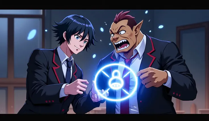 Anime-style illustration of a 25-year-old male character with sharp dark hair, wearing a black school uniform with red edges, smirking confidently with a lazy, superior expression as he presses a glowing blue spell circle against the chest of a panicked or...