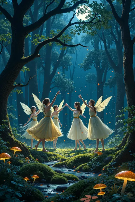 Faires dancing in circle, forest, woods, magical, fireflys glowing, mystical