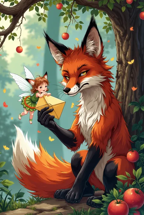 The fox holds a magic envelope, in her teeth and a little Fairy is sitting on a tree eating fruit, Anime style, best quality, high quality, intricate details,  8k resolution, clearly, beautiful details, rich colors, fantasy,