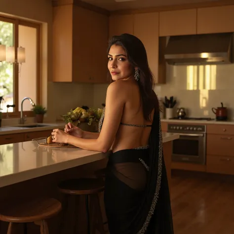 Beautiful Indian Woman wearing a black chiffon saree with a bikini backless blouse in the kitchen 
