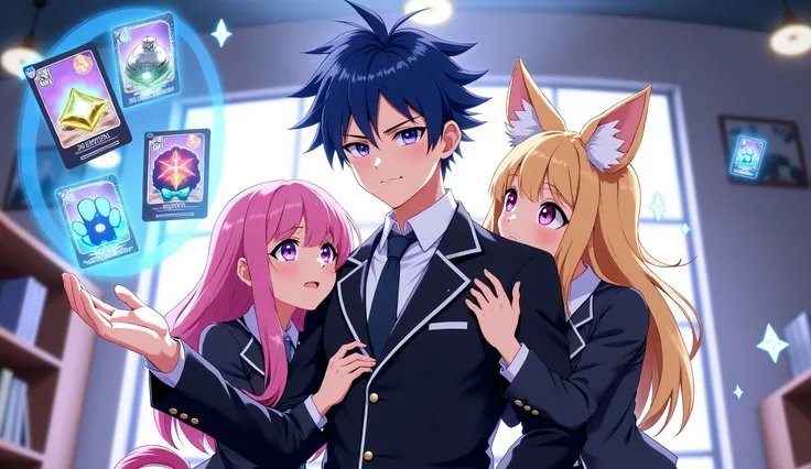 Anime-style illustration of a 25-year-old male character with spiky dark blue hair, wearing a black school uniform with silver trim, standing calmly with a smug, superior smirk as two beautiful female classmates cling to his arms. One has long pink hair an...