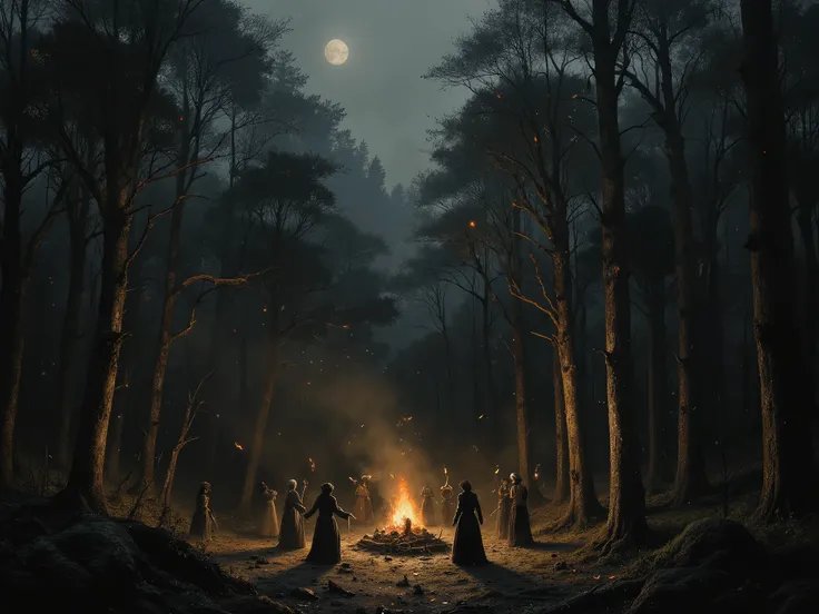 Witch womens dancing in circle, forest, woods, magical, fireflys glowing, mystical, fire, sacrifice, big witch hats, 