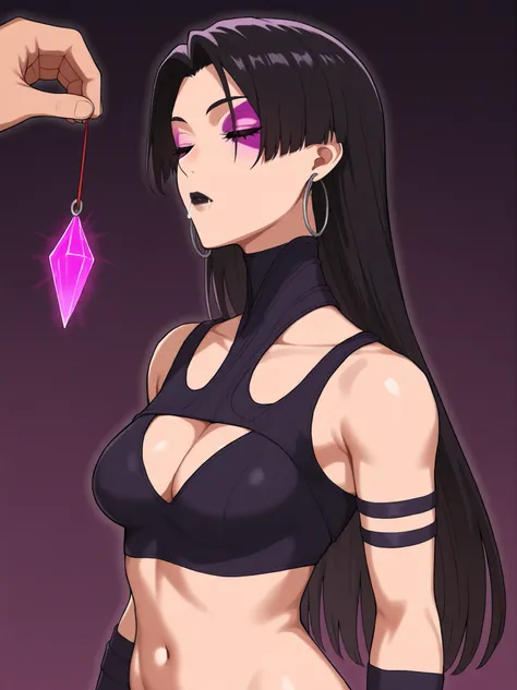 masterpiece, best quality, amazing quality, very aesthetic, absurdres, newest, 1girl, solo, standing, psyl0cke, purple face mark, black hair, black lipstick, straight hair, long hair, hoop earrings, upper body, expressionless, closed_eyes, closed eyes, eye...