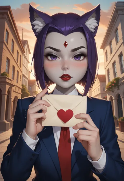 rachel roth, colored skin, grey skin, purple hair, medium hair, forehead jewel, purple eyes, small breast, huge hips, dark red lips.| A school girl with fox ears and a fluffy fox tail,blushing deeply, holds out a love letter with trembling both hands. The ...