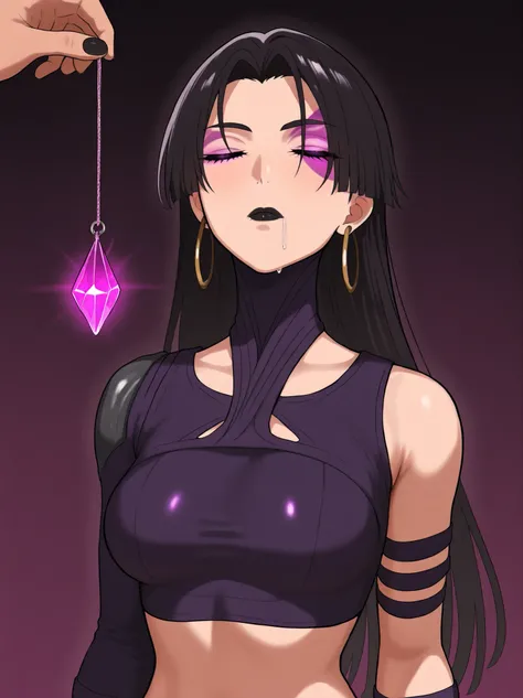 masterpiece, best quality, amazing quality, very aesthetic, absurdres, newest, 1girl, solo, standing, psyl0cke, purple face mark, black hair, black lipstick, straight hair, long hair, hoop earrings, upper body, expressionless, closed_eyes, closed eyes, eye...