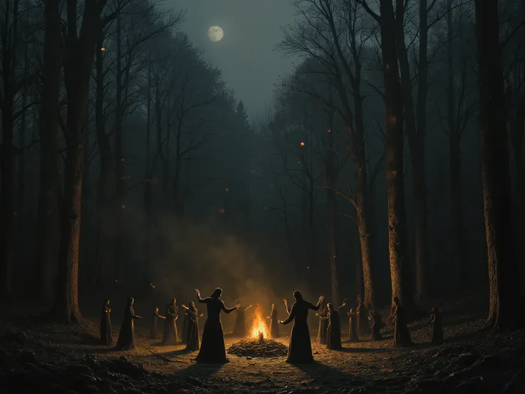 Witch womens dancing in circle, forest, woods, magical, fireflys glowing, mystical, fire, sacrifice, big witch hats,