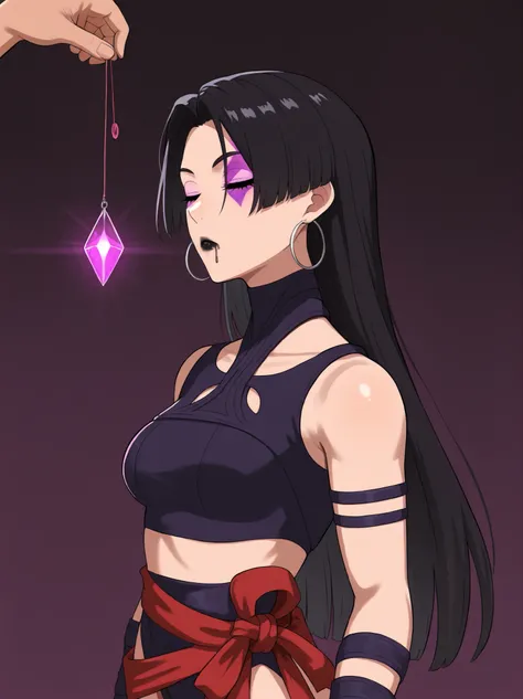masterpiece, best quality, amazing quality, very aesthetic, absurdres, newest, 1girl, solo, standing, psyl0cke, purple face mark, black hair, black lipstick, straight hair, long hair, hoop earrings, upper body, expressionless, closed_eyes, closed eyes, eye...