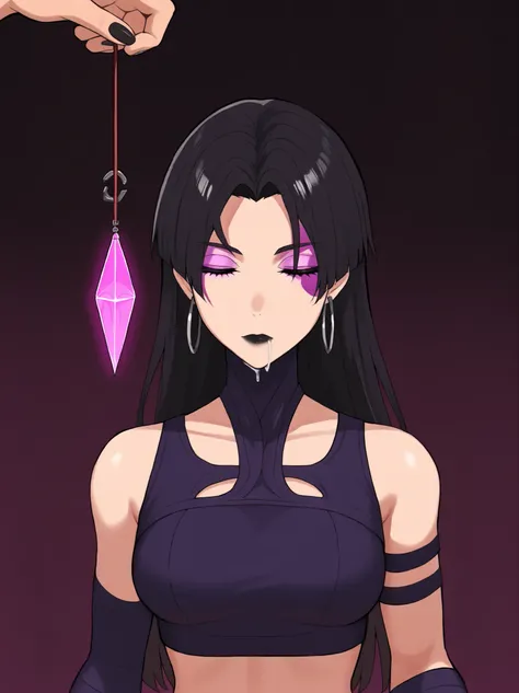 masterpiece, best quality, amazing quality, very aesthetic, absurdres, newest, 1girl, solo, standing, psyl0cke, purple face mark, black hair, black lipstick, straight hair, long hair, hoop earrings, upper body, expressionless, closed_eyes, closed eyes, eye...