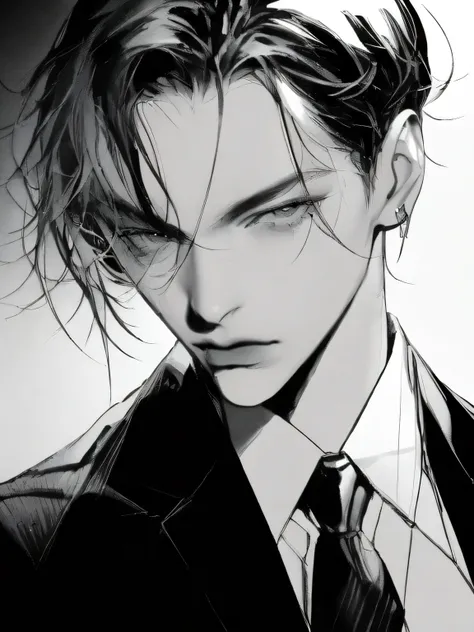 Suit thugs,  1 boy, black tie , Male attention,  Black and white minimalist portrait, simple background, Closeup,( black background:1.2),