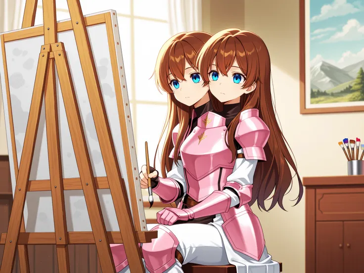 two heads, anime pink knight with two heads, long brown hair, blue eyes, no helmet, sitting behind an easel, holding a paintbrush in one hand, painting, studio, contemplative
