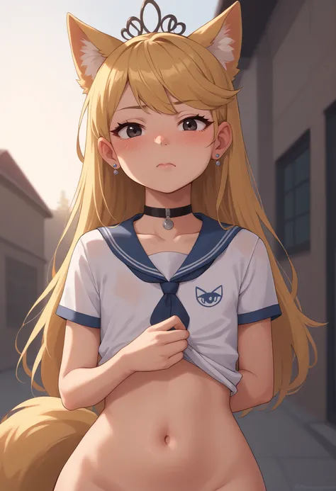 flat breasts. flat chest, skinny, huge hips, looking at viewer, 1o1a, blonde hair, tiara, Black eyes, earrings, necklace, choker. | A school girl with fox ears and a fluffy fox tail,blushing deeply, holds out a love letter with trembling both hands. The sc...