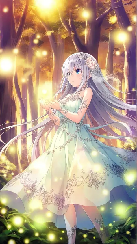 A breathtakingly beautiful anime girl with long, flowing silver hair adorned with delicate flowers, wearing an elegant, shimmering pastel-colored dress with intricate lace patterns, standing gracefully in a vibrant enchanted forest with glowing fireflies, ...