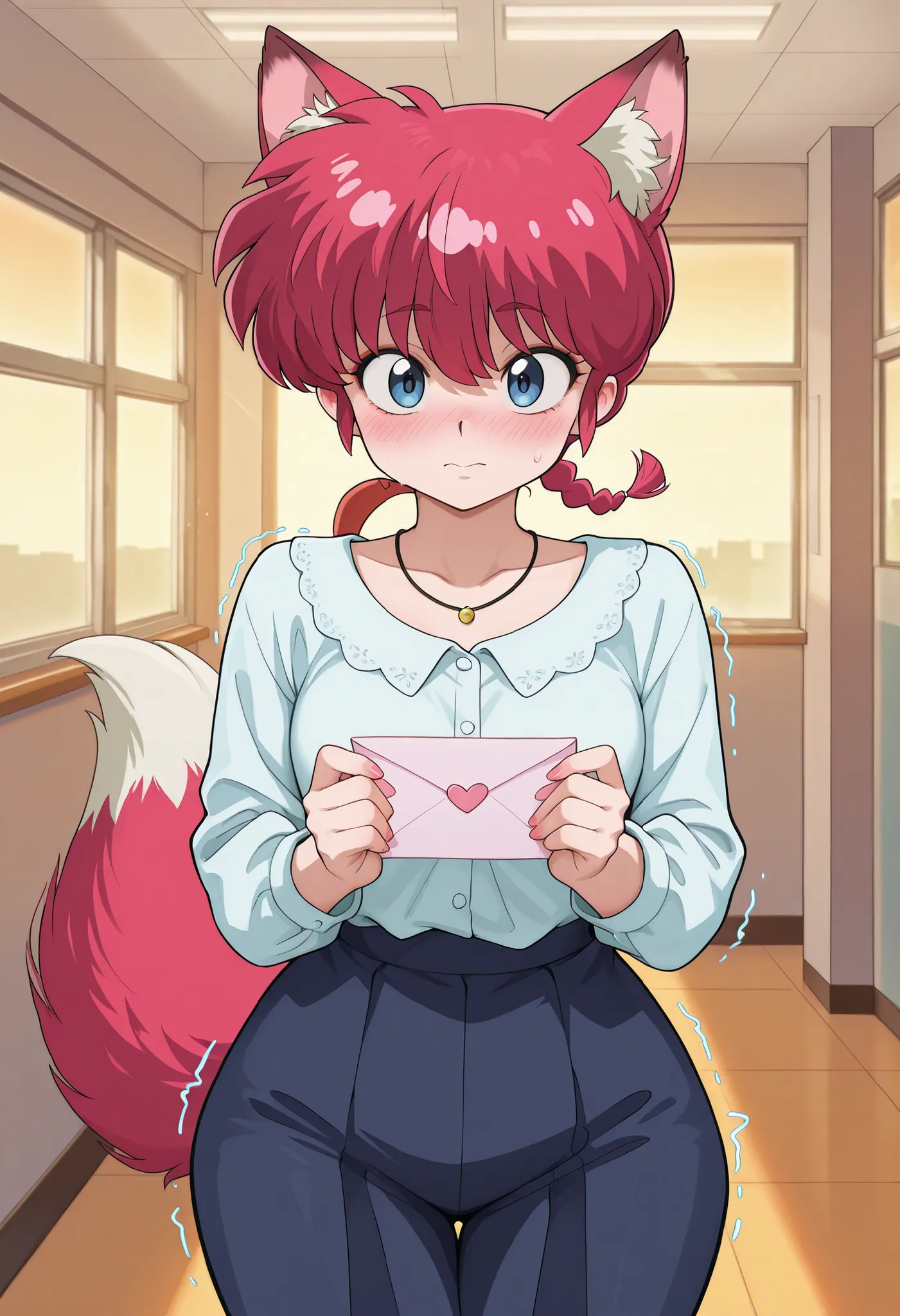 safe_pos, Ranma Saotome. red hair. pigtail. blue eyes. braid. small breasts. huge hips. necklace. black eyeliner. pink manicure. |  A school girl with fox ears and a fluffy fox tail,blushing deeply, holds out a love letter with trembling both hands. The sc...