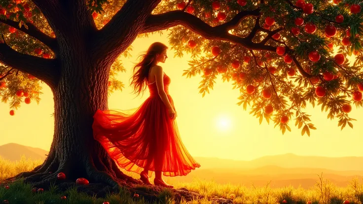 masterpiece,best quality,ultra-detailed,1girl,colorful,full body,paint splatter, A stylized vector illustration of a curvy woman climbing an old apple tree at golden hour. Her posture shows graceful movement, one leg lifted to the next branch, revealing ju...