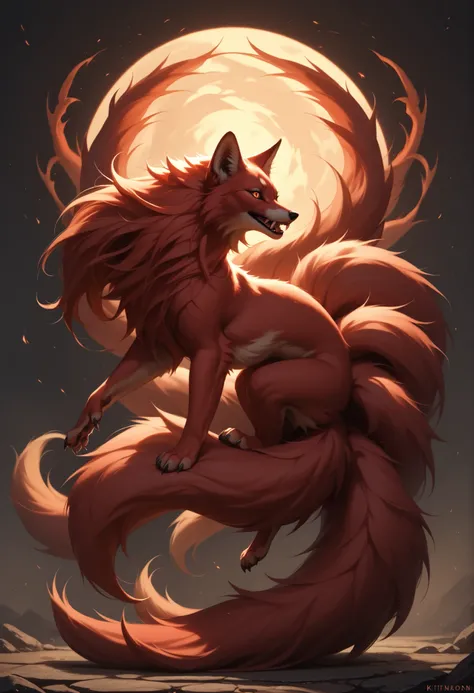 score_9,score_8_up,score_7_up, feral, full body, female, kitsune, side view, ninetails, black and red fur, mysterious, mystical, cool, dangerous, fangs, detailed background