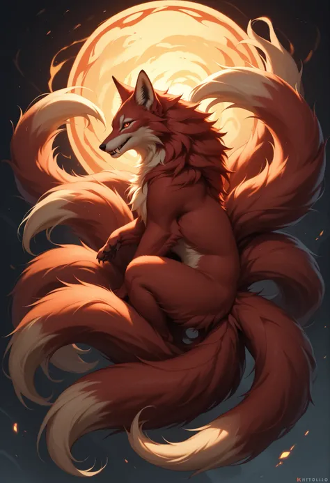 score_9,score_8_up,score_7_up, feral, full body, female, kitsune, side view, ninetails, black and red fur, mysterious, mystical, cool, dangerous, fangs, detailed background