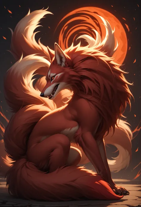 score_9,score_8_up,score_7_up, feral, full body, female, kitsune, side view, ninetails, black and red fur, mysterious, mystical, cool, dangerous, fangs, detailed background