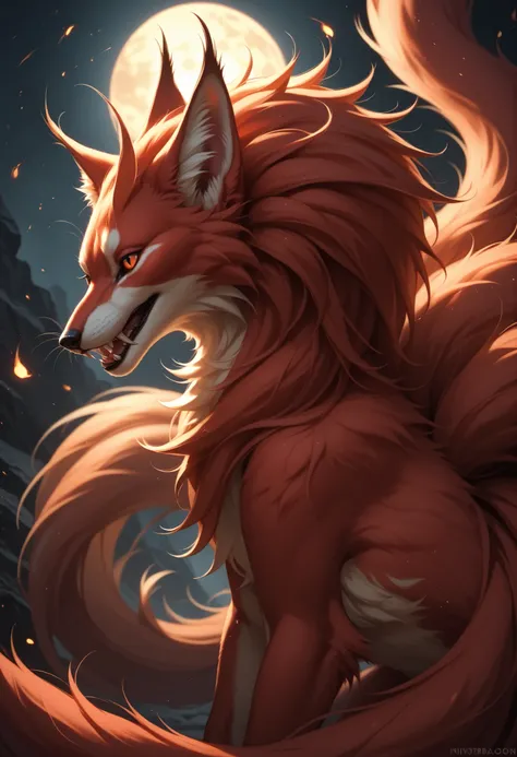 score_9,score_8_up,score_7_up, feral, female,  kitsune, side view, ninetails, black and red fur, mysterious, mystical, cool, dangerous, fangs, detailed background