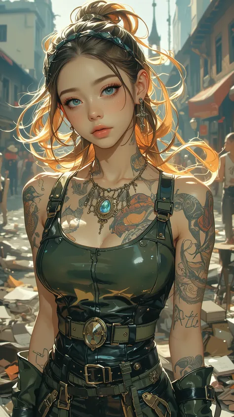 (1 girl:1.5), masterpiece:1.3,  gag mouth  , ULTRA HIGH DEFINITION,  super excellent ), (Reality, photoReality:1.4),   beautiful illustration  ,
 perfect light,   close ,   khaki skin  ,    blue gemstone eyes  , tattoo, 
 Natural light,   writing border de...