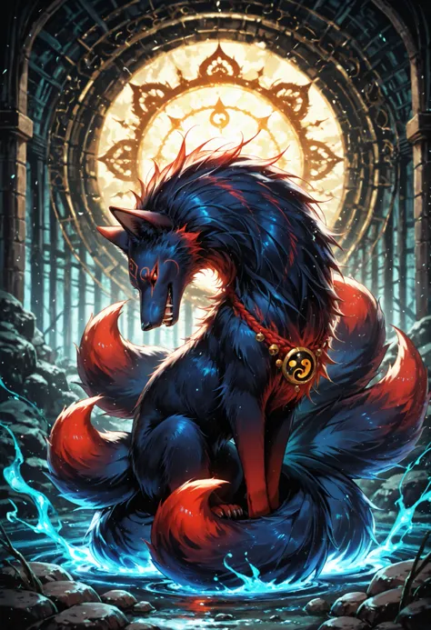 score_9,score_8_up,score_7_up, feral, kitsune, side view, ninetails, black and red fur, mysterious, mystical, cool, dangerous, fangs, detailed background