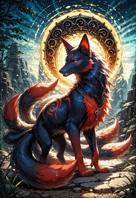 score_9,score_8_up,score_7_up, feral, full body, female, kitsune, side view, ninetails, black and red fur, mysterious, mystical, cool, dangerous, fangs, detailed background