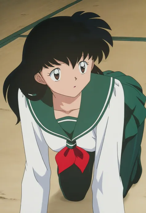 official style,Higurashi kagome (2000s anime analog),retro artstyle,, black hair , brown eyes , uniform , long sleeve , green tights Spandex , green skirt , red neckerchief,solo, soft thighs , on all fours , from back 