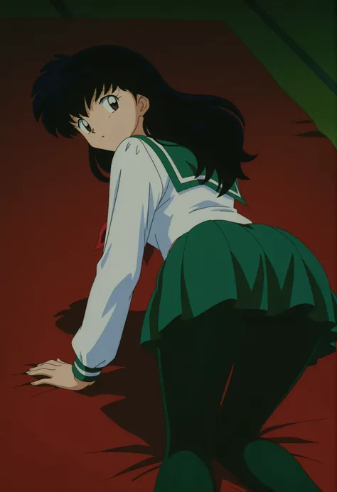 official style,Higurashi kagome (2000s anime analog),retro artstyle,, black hair , brown eyes , uniform , long sleeve , green tights Spandex , green skirt , red neckerchief,solo, soft thighs , on all fours , from back ,
