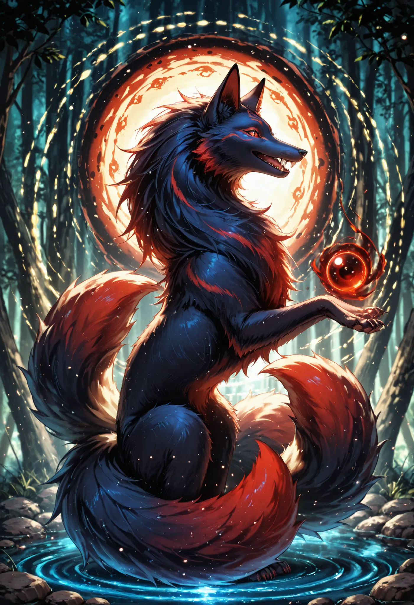 score_9,score_8_up,score_7_up, feral, full body, female, kitsune, side view, ninetails, black and red fur, mysterious, mystical, cool, dangerous, fangs, detailed background