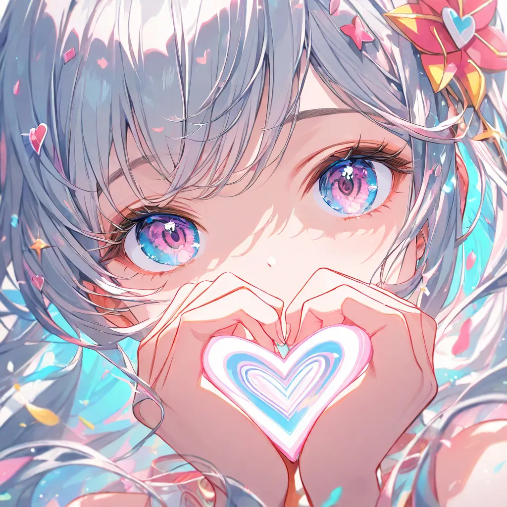 masterpiece,top quality,Super Detail,8k,cute girl　colorful　One Piece　 long gray hair on human hands　inner color　flower hair ornament　pink and light blue　making a heart with her hands