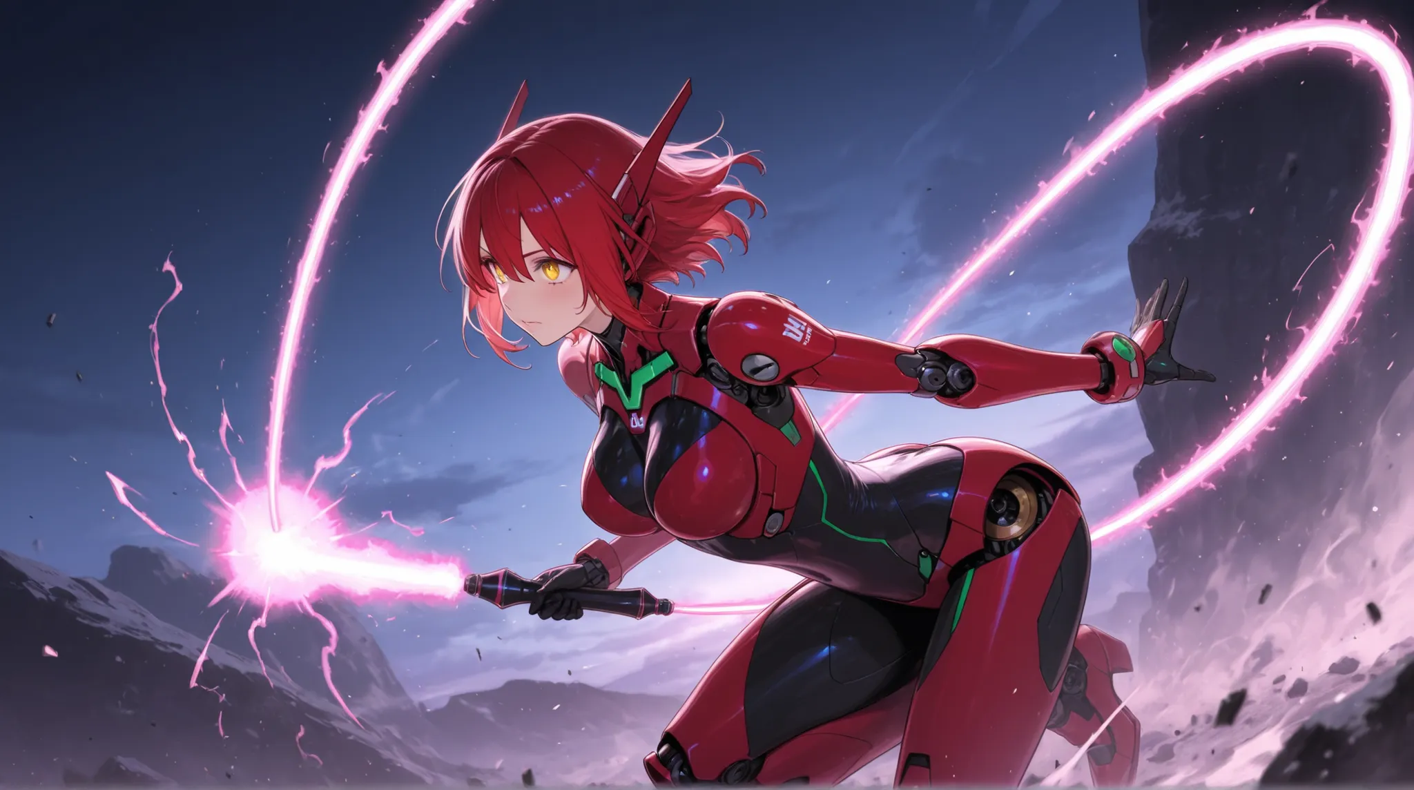 female robot, energy whip, 