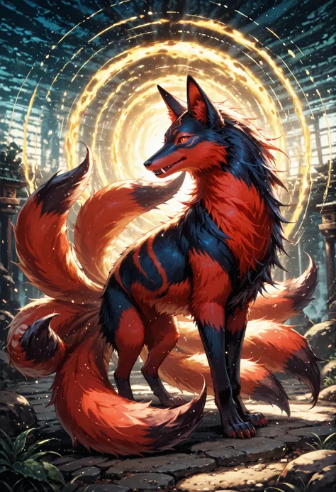score_9,score_8_up,score_7_up, feral, full body, female, kitsune, side view, ninetails, black and red fur, mysterious, mystical, cool, dangerous, fangs, detailed background