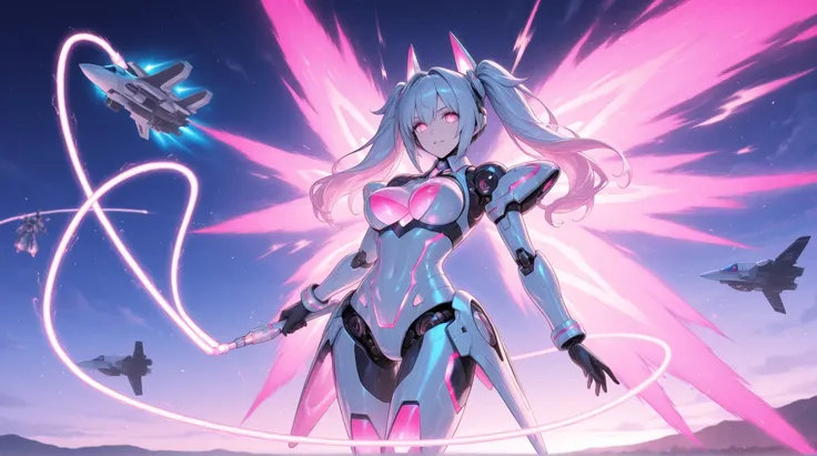 female robot, energy whip, neon heart, jet drone,