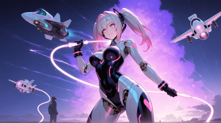 female robot, energy whip, neon heart, jet drone,